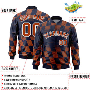 Custom Navy Orange Grid Varsity Full-Zip Color Block Letterman Bomber Jacket