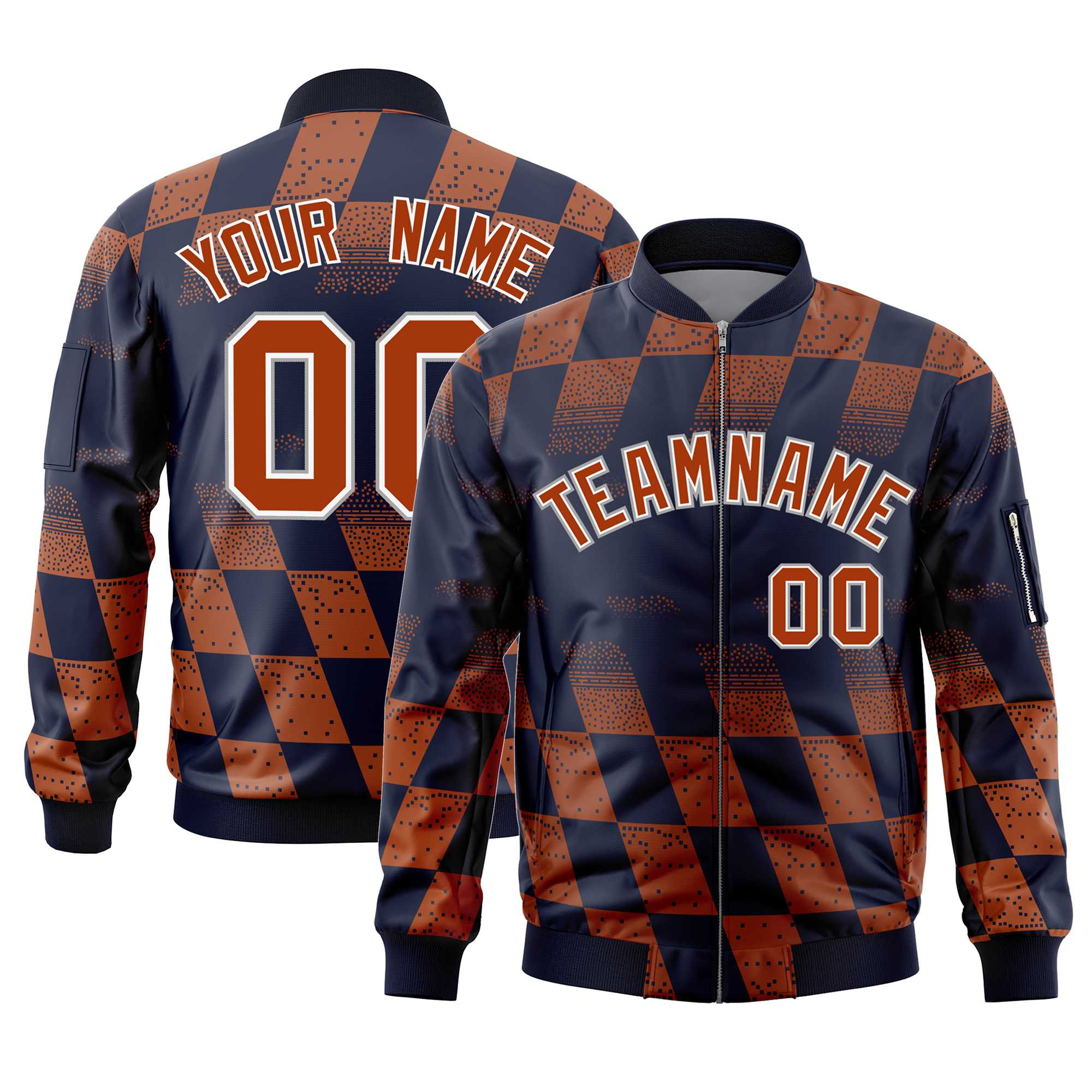 Custom Navy Orange Grid Varsity Full-Zip Color Block Letterman Bomber Jacket