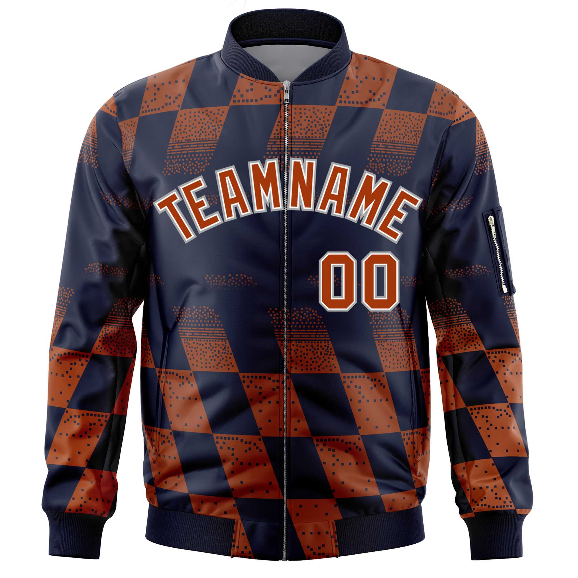 Custom Navy Orange Grid Varsity Full-Zip Color Block Letterman Bomber Jacket