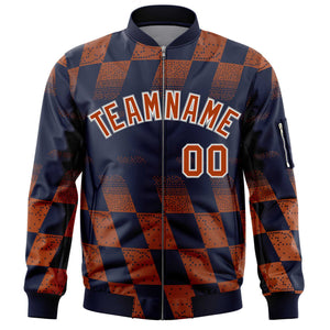 Custom Navy Orange Grid Varsity Full-Zip Color Block Letterman Bomber Jacket