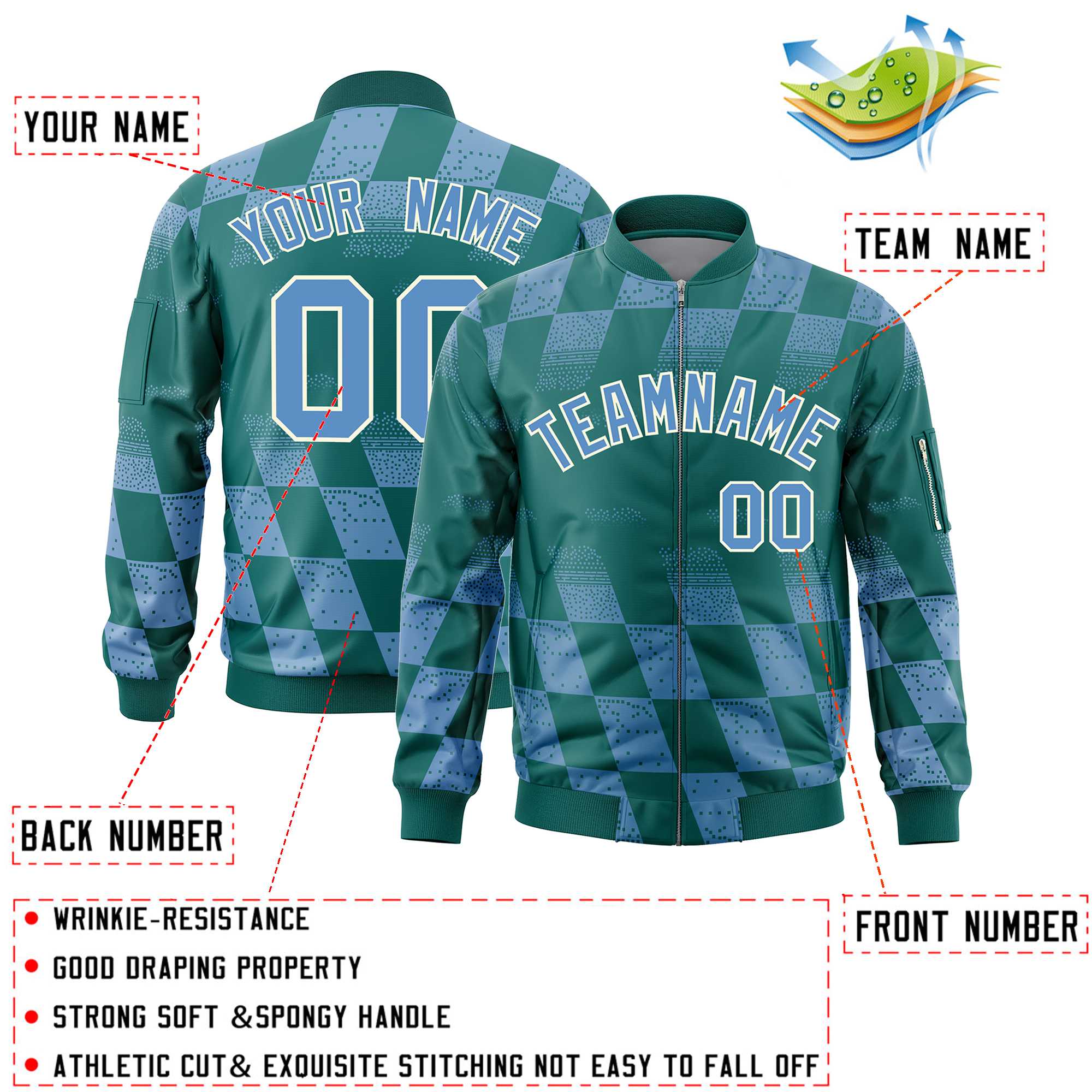 Custom Aqua Lt Blue Grid Varsity Full-Zip Color Block Letterman Bomber Jacket