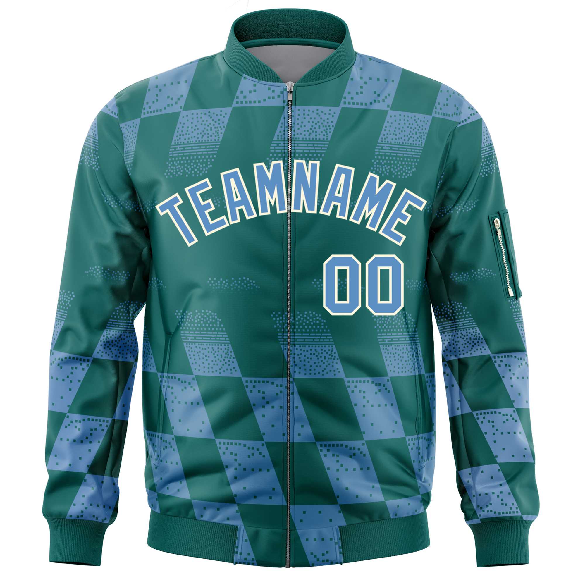 Custom Aqua Lt Blue Grid Varsity Full-Zip Color Block Letterman Bomber Jacket