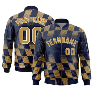 Custom Navy Old Gold Grid Varsity Full-Zip Color Block Letterman Bomber Jacket