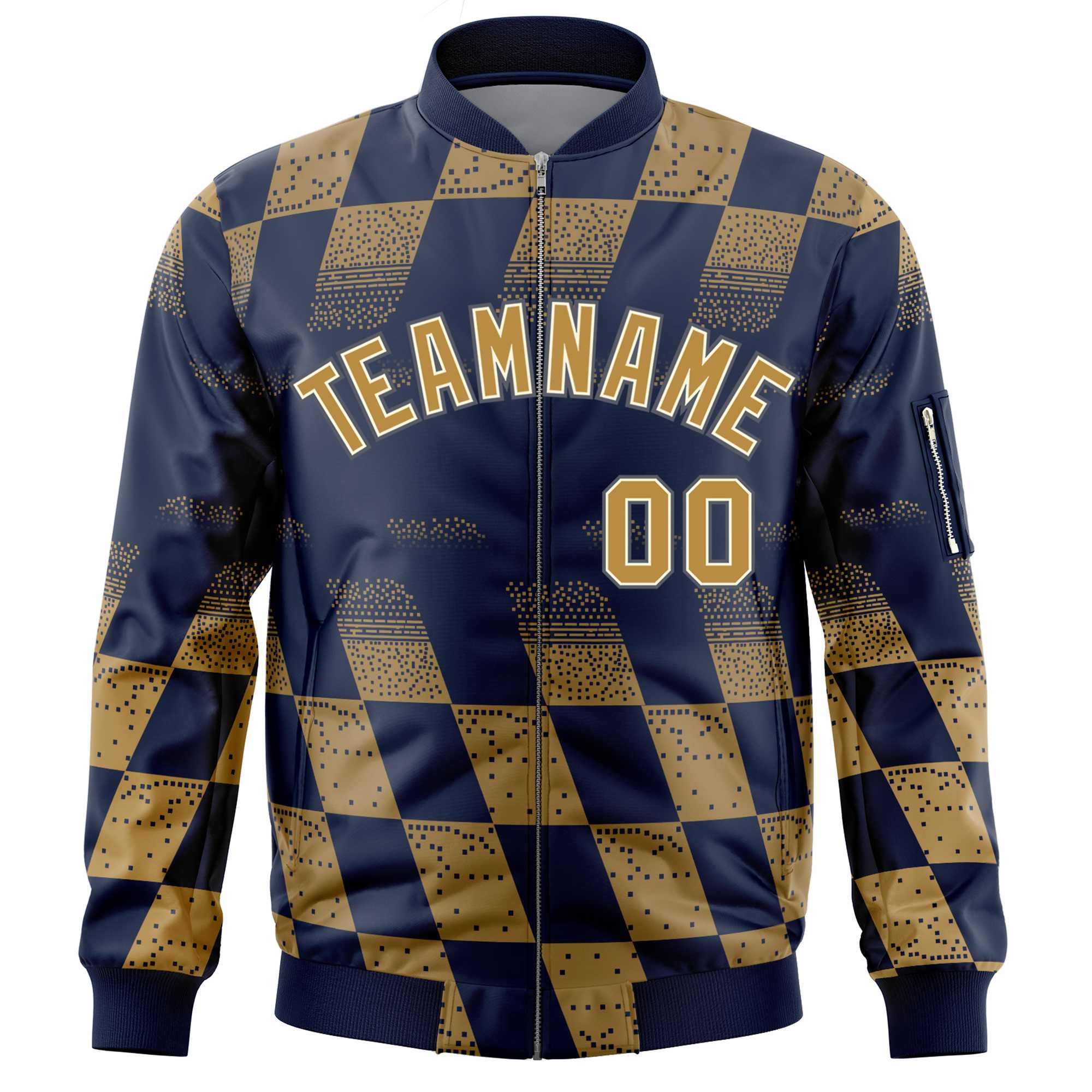 Custom Navy Old Gold Grid Varsity Full-Zip Color Block Letterman Bomber Jacket