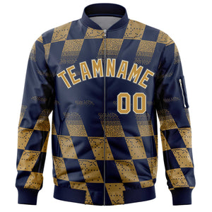 Custom Navy Old Gold Grid Varsity Full-Zip Color Block Letterman Bomber Jacket