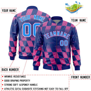 Custom Royal Pink Grid Varsity Full-Zip Color Block Letterman Bomber Jacket