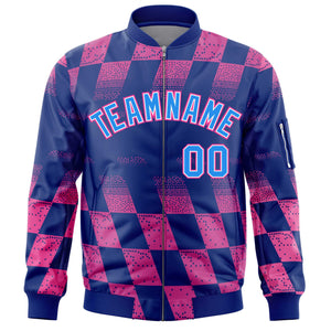 Custom Royal Pink Grid Varsity Full-Zip Color Block Letterman Bomber Jacket