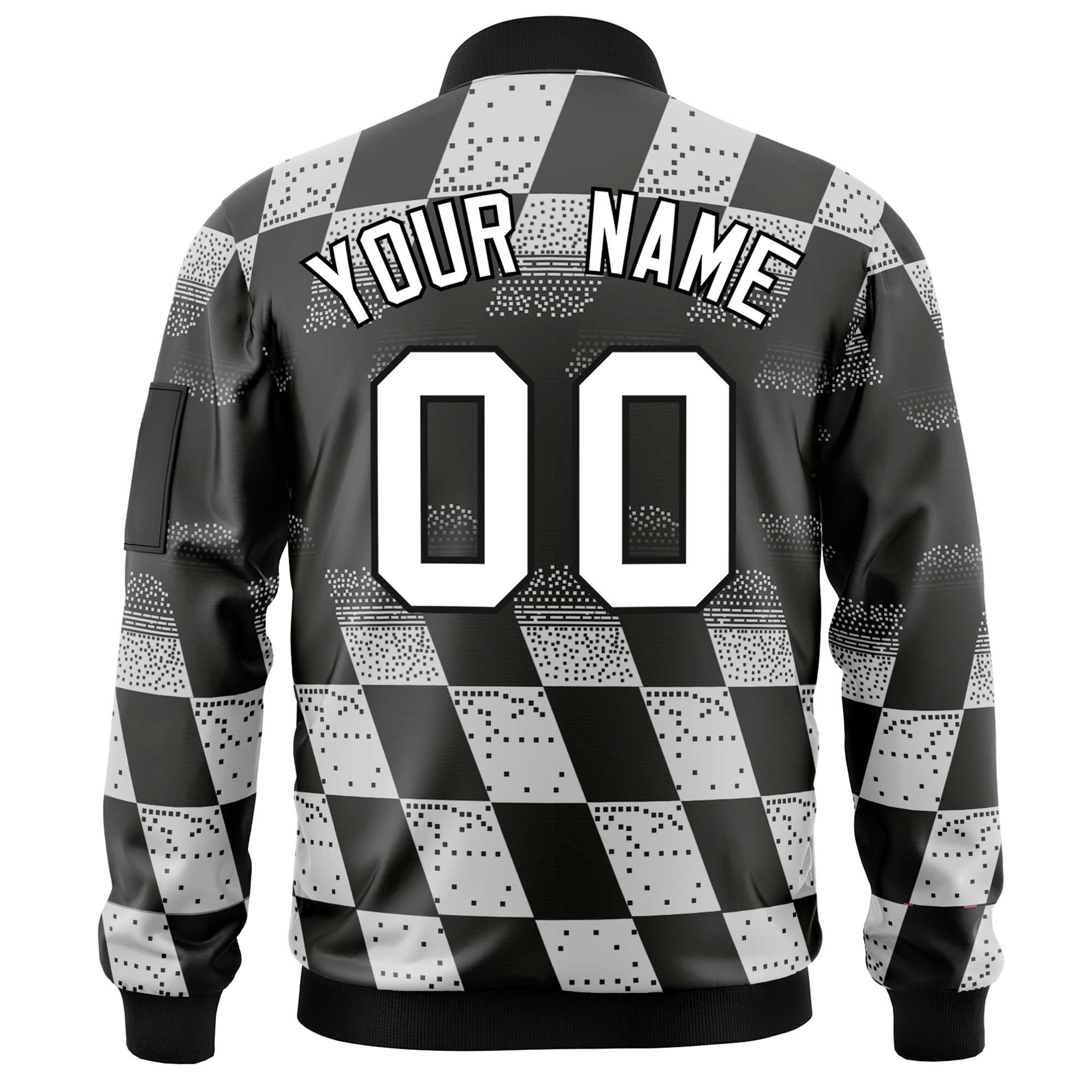 Custom Black White Grid Varsity Full-Zip Color Block Letterman Bomber Jacket