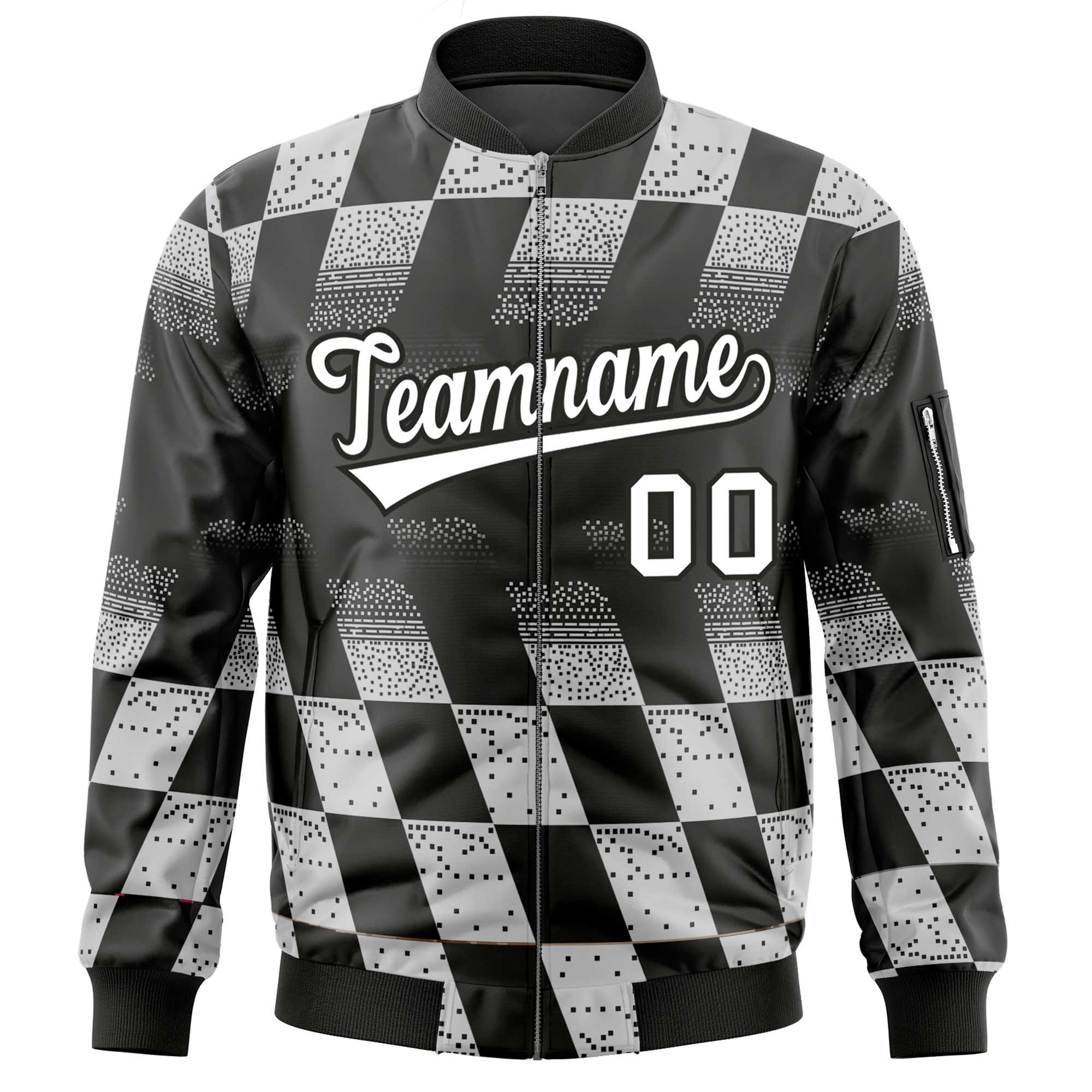 Custom Black White Grid Varsity Full-Zip Color Block Letterman Bomber Jacket