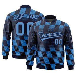 Custom Navy Powder Blue Grid Varsity Full-Zip Color Block Letterman Bomber Jacket