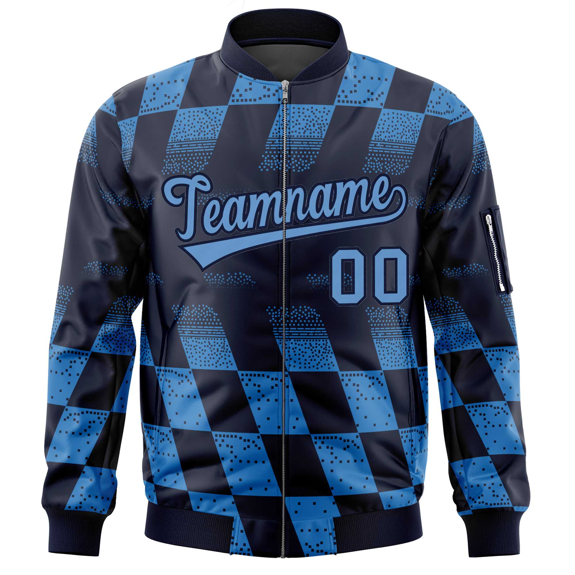 Custom Navy Powder Blue Grid Varsity Full-Zip Color Block Letterman Bomber Jacket