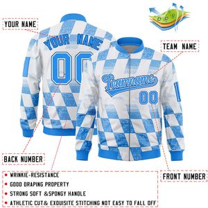 Custom White Powder Blue Grid Varsity Full-Zip Color Block Letterman Bomber Jacket