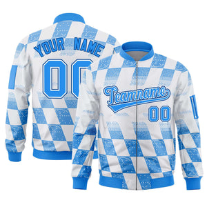 Custom White Powder Blue Grid Varsity Full-Zip Color Block Letterman Bomber Jacket