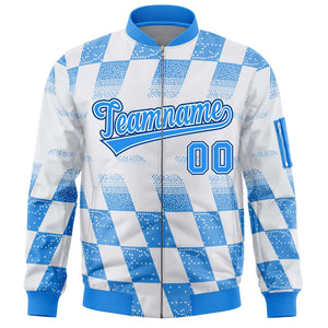 Custom White Powder Blue Grid Varsity Full-Zip Color Block Letterman Bomber Jacket