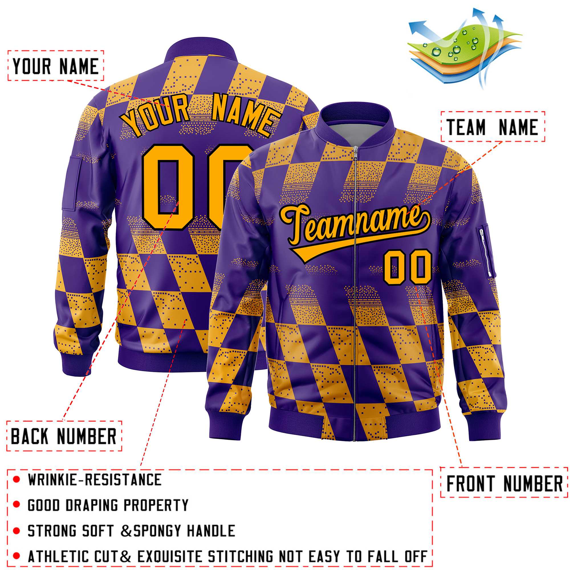 Custom Purple Gold Grid Varsity Full-Zip Color Block Letterman Bomber Jacket