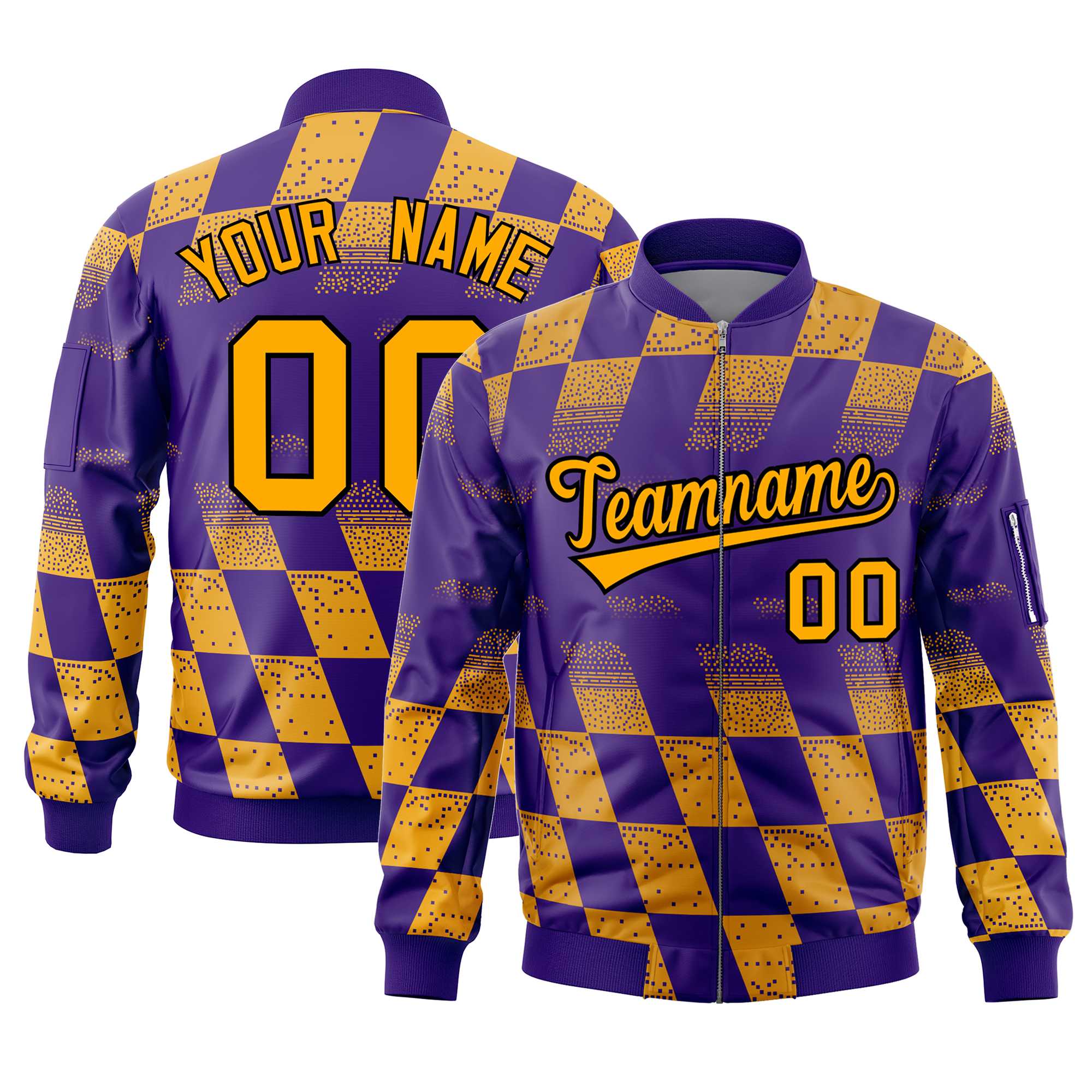 Custom Purple Gold Grid Varsity Full-Zip Color Block Letterman Bomber Jacket