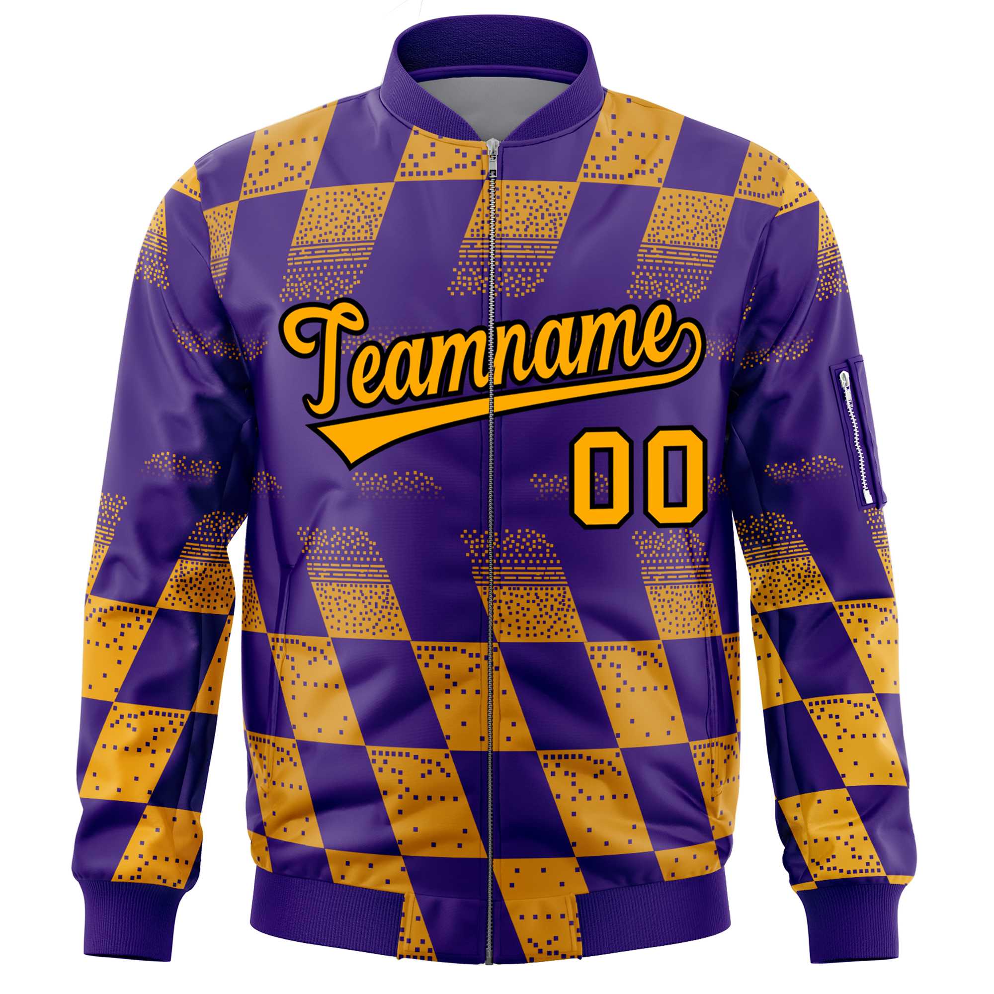 Custom Purple Gold Grid Varsity Full-Zip Color Block Letterman Bomber Jacket