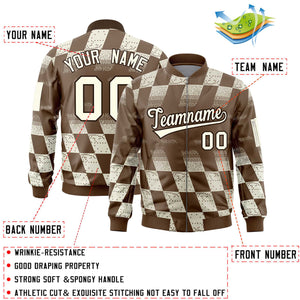 Custom Brown Khaki Grid Varsity Full-Zip Color Block Letterman Bomber Jacket