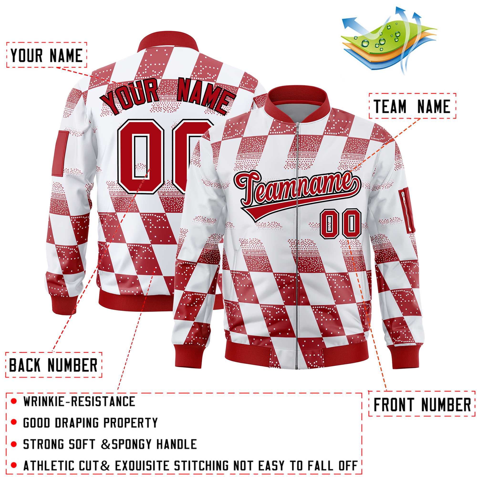 Custom White Red Grid Varsity Full-Zip Color Block Letterman Bomber Jacket