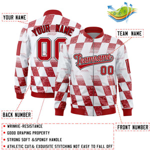 Custom White Red Grid Varsity Full-Zip Color Block Letterman Bomber Jacket