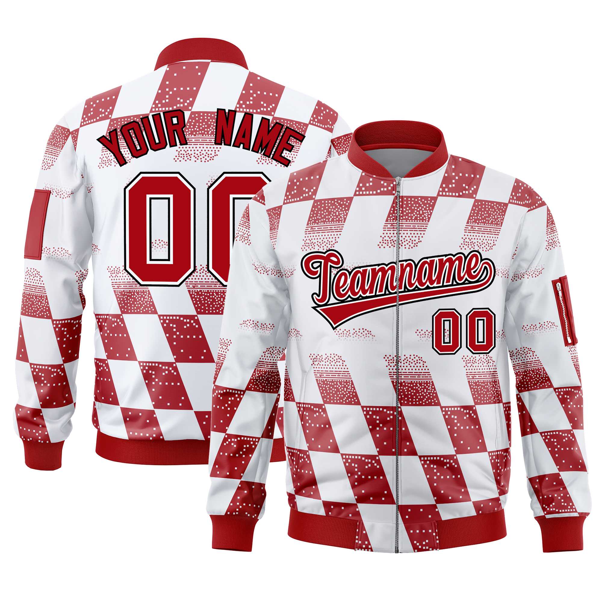 Custom White Red Grid Varsity Full-Zip Color Block Letterman Bomber Jacket