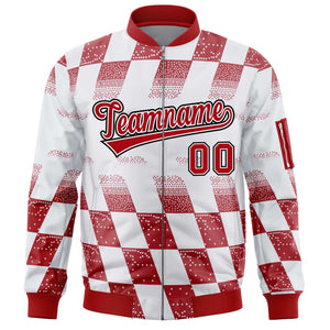 Custom White Red Grid Varsity Full-Zip Color Block Letterman Bomber Jacket