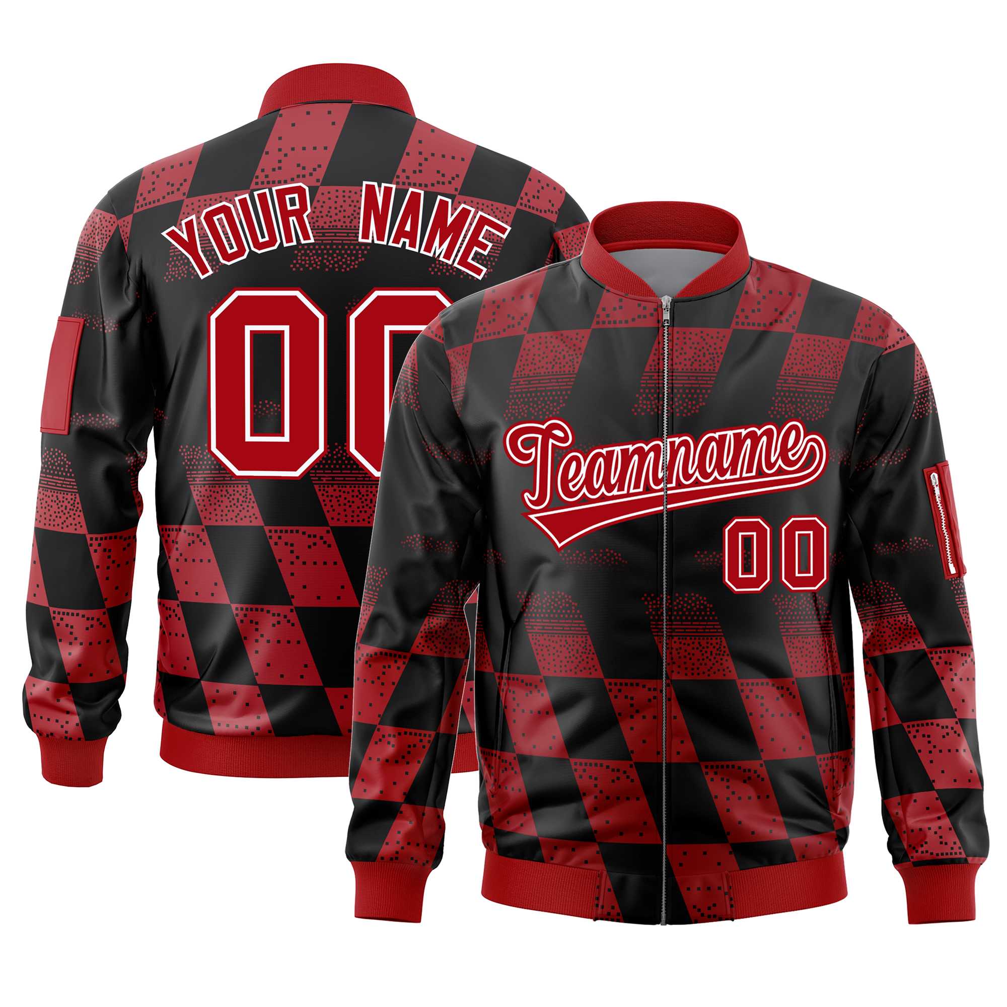 Custom Black Red Grid Varsity Full-Zip Color Block Letterman Bomber Jacket