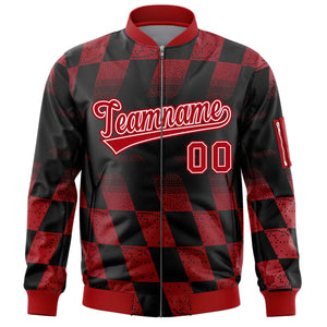 Custom Black Red Grid Varsity Full-Zip Color Block Letterman Bomber Jacket