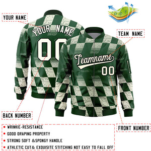 Custom Green Khaki Grid Varsity Full-Zip Color Block Letterman Bomber Jacket