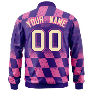 Custom Purple Pink Grid Varsity Full-Zip Color Block Letterman Bomber Jacket