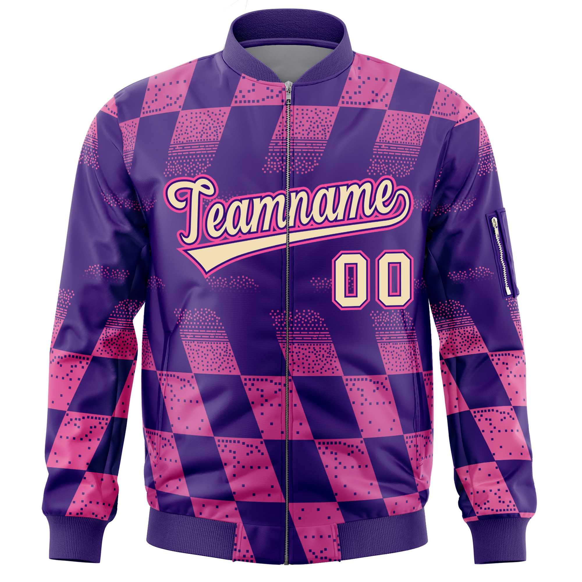 Custom Purple Pink Grid Varsity Full-Zip Color Block Letterman Bomber Jacket