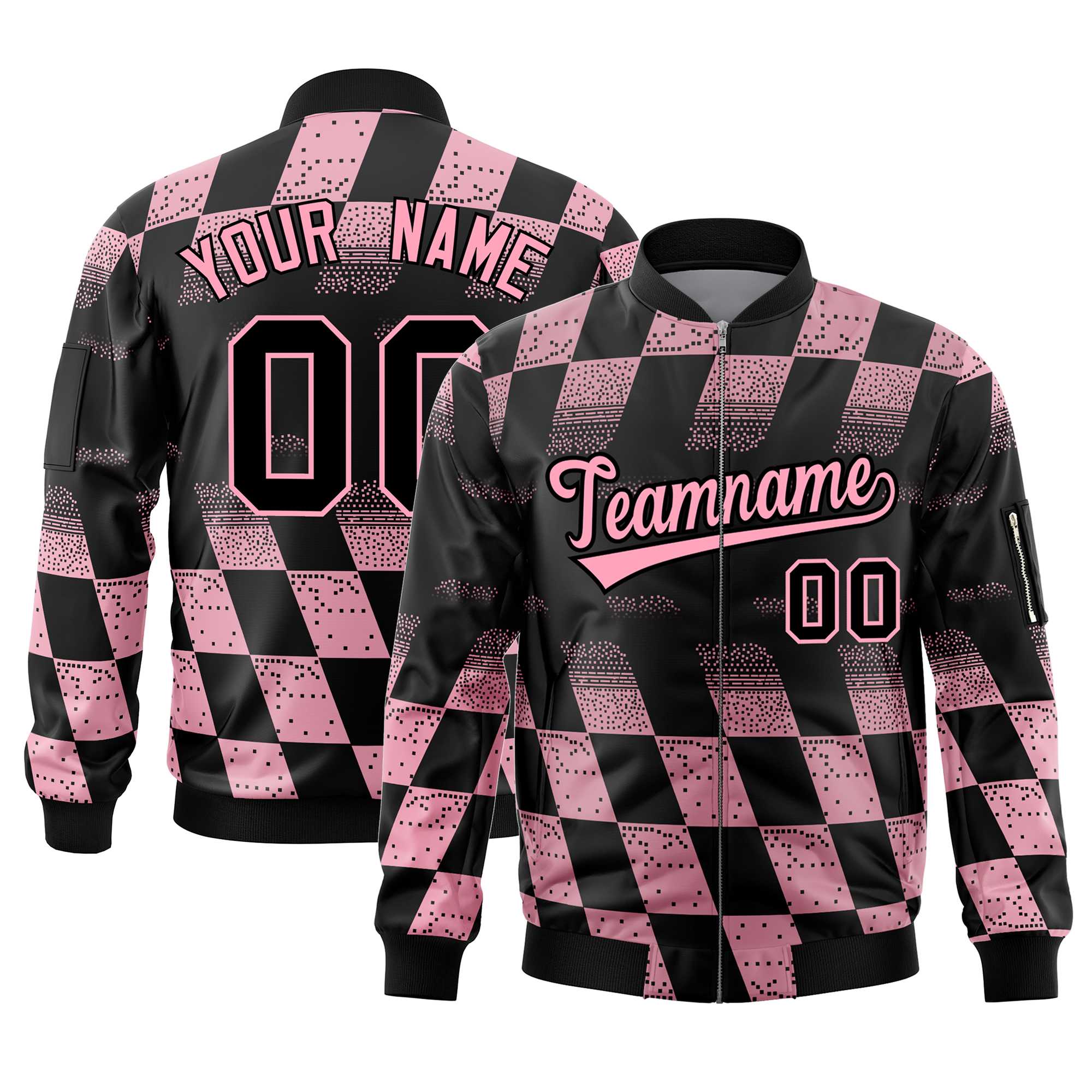 Custom Black Pink Grid Varsity Full-Zip Color Block Letterman Bomber Jacket