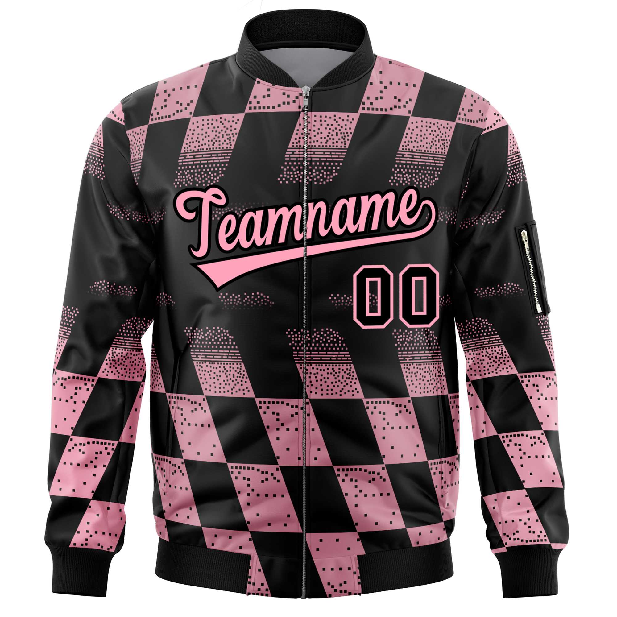 Custom Black Pink Grid Varsity Full-Zip Color Block Letterman Bomber Jacket