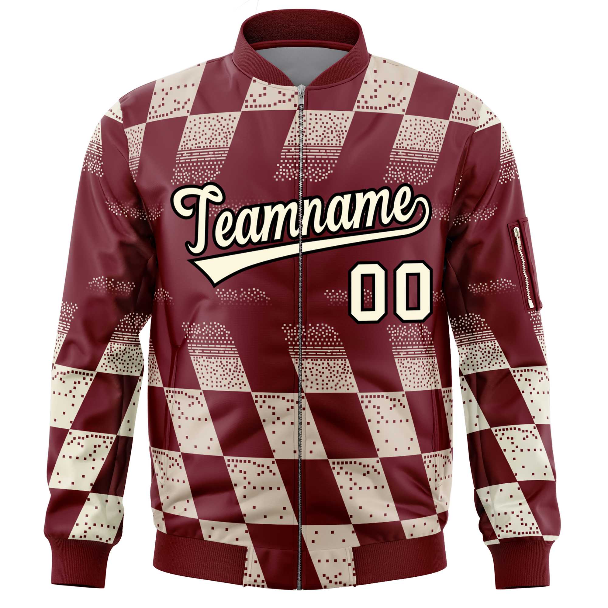 Custom Crimson Khaki Grid Varsity Full-Zip Color Block Letterman Bomber Jacket