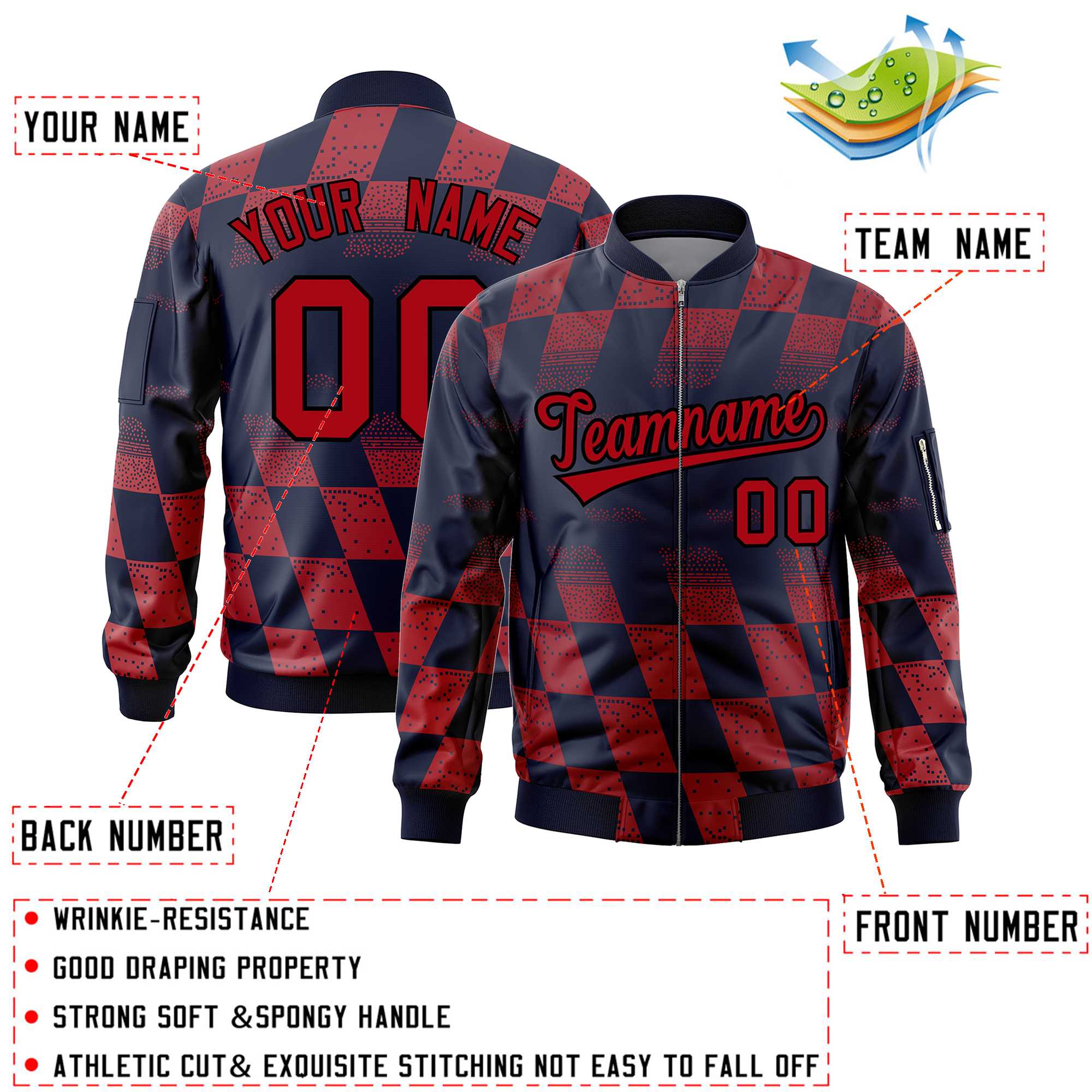 Custom Navy Red Grid Varsity Full-Zip Color Block Letterman Bomber Jacket