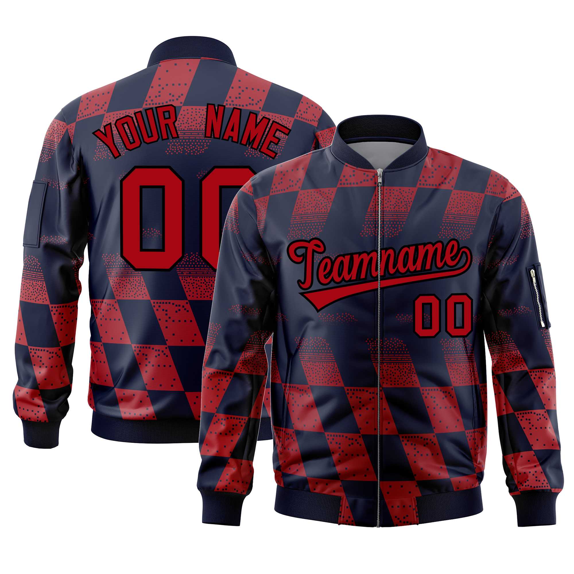 Custom Navy Red Grid Varsity Full-Zip Color Block Letterman Bomber Jacket