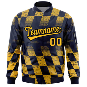 Custom Navy Gold Grid Varsity Full-Zip Color Block Letterman Bomber Jacket