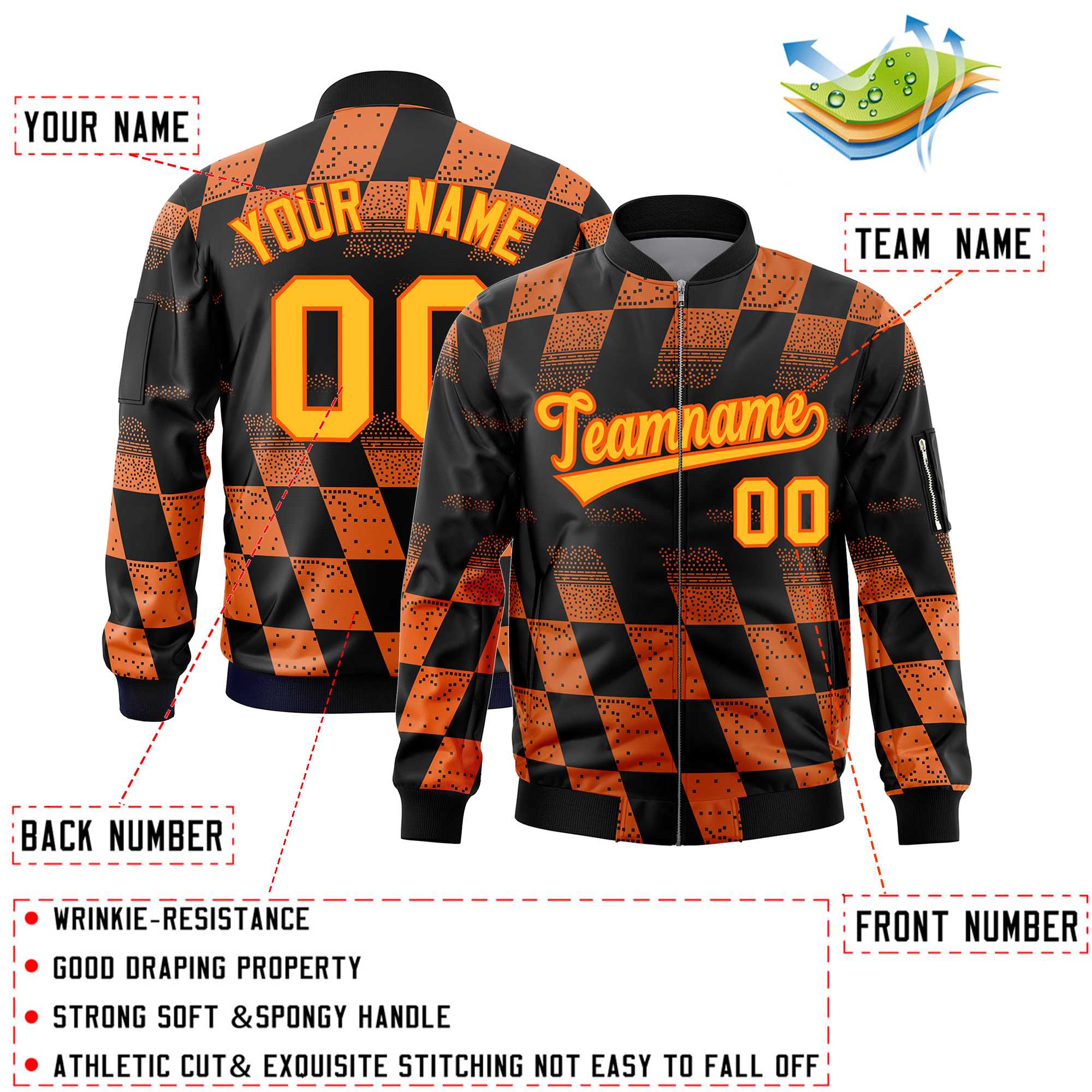 Custom Black Orange Grid Varsity Full-Zip Color Block Letterman Bomber Jacket