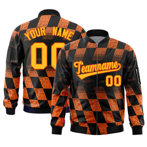 Custom Black Orange Grid Varsity Full-Zip Color Block Letterman Bomber Jacket