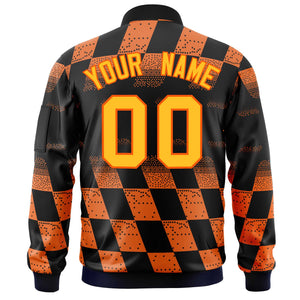 Custom Black Orange Grid Varsity Full-Zip Color Block Letterman Bomber Jacket