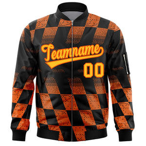 Custom Black Orange Grid Varsity Full-Zip Color Block Letterman Bomber Jacket