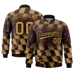 Custom Brown Old Gold Grid Varsity Full-Zip Color Block Letterman Bomber Jacket