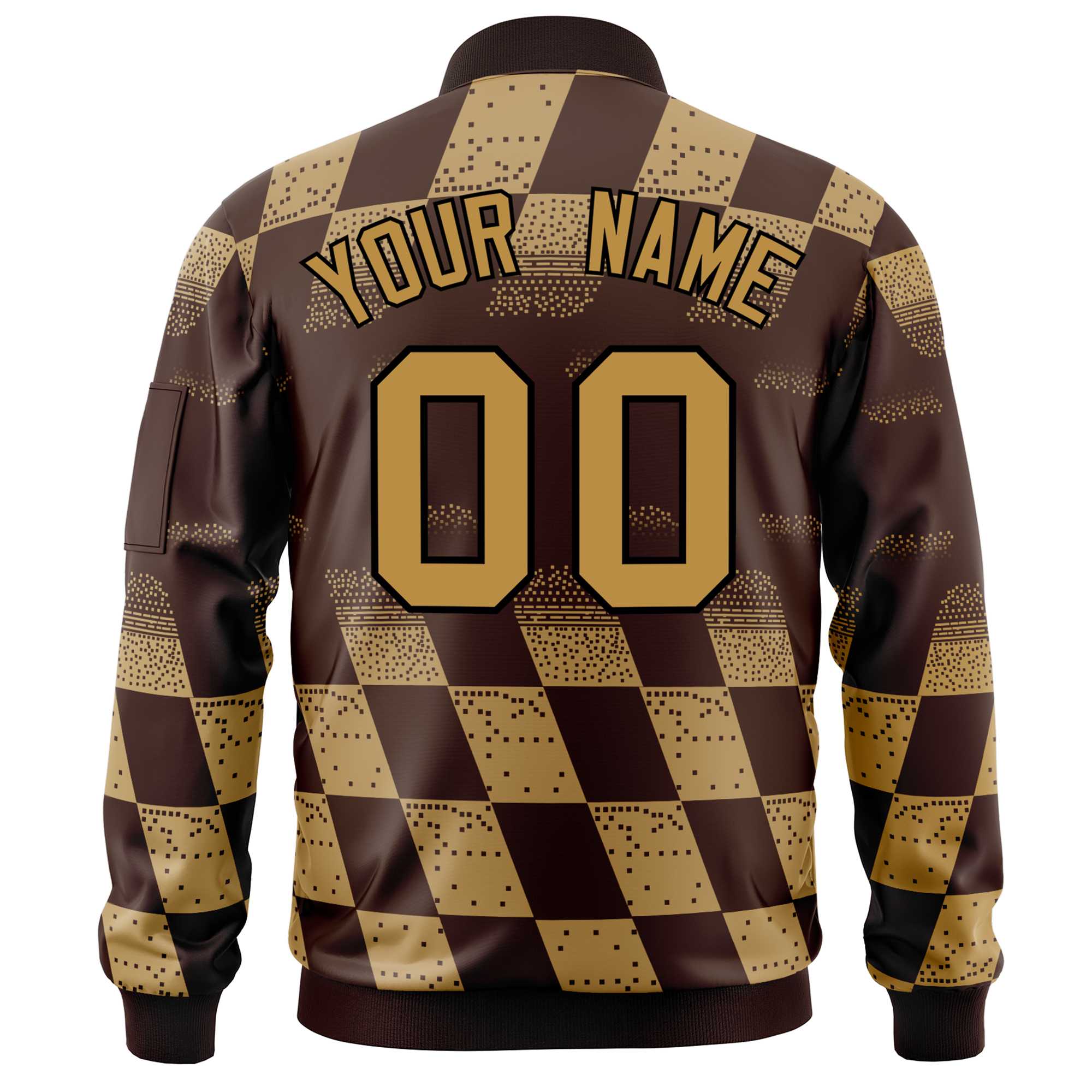 Custom Brown Old Gold Grid Varsity Full-Zip Color Block Letterman Bomber Jacket