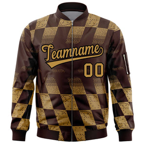 Custom Brown Old Gold Grid Varsity Full-Zip Color Block Letterman Bomber Jacket