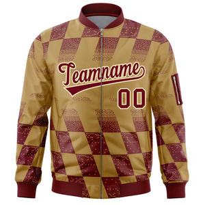 Custom Old Gold Crimson Grid Varsity Full-Zip Color Block Letterman Bomber Jacket