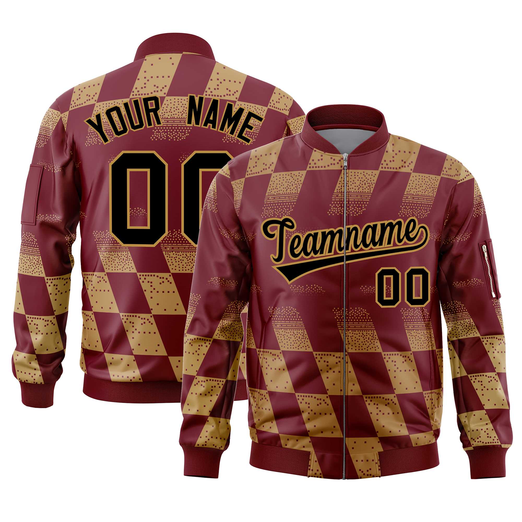 Custom Crimson Old Gold Grid Varsity Full-Zip Color Block Letterman Bomber Jacket