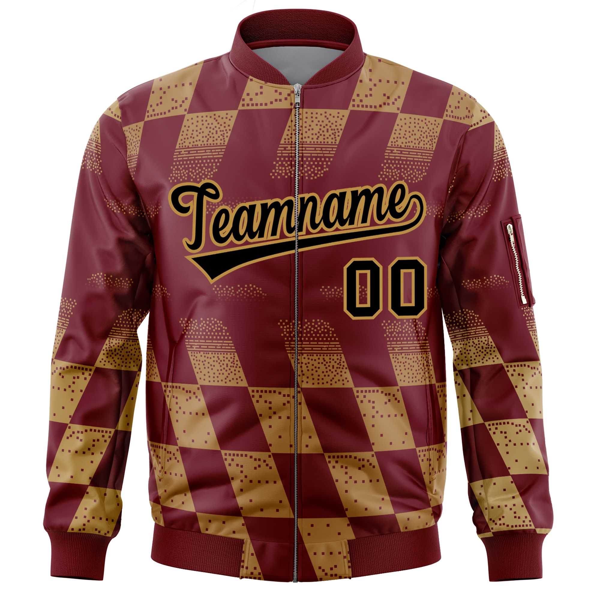 Custom Crimson Old Gold Grid Varsity Full-Zip Color Block Letterman Bomber Jacket