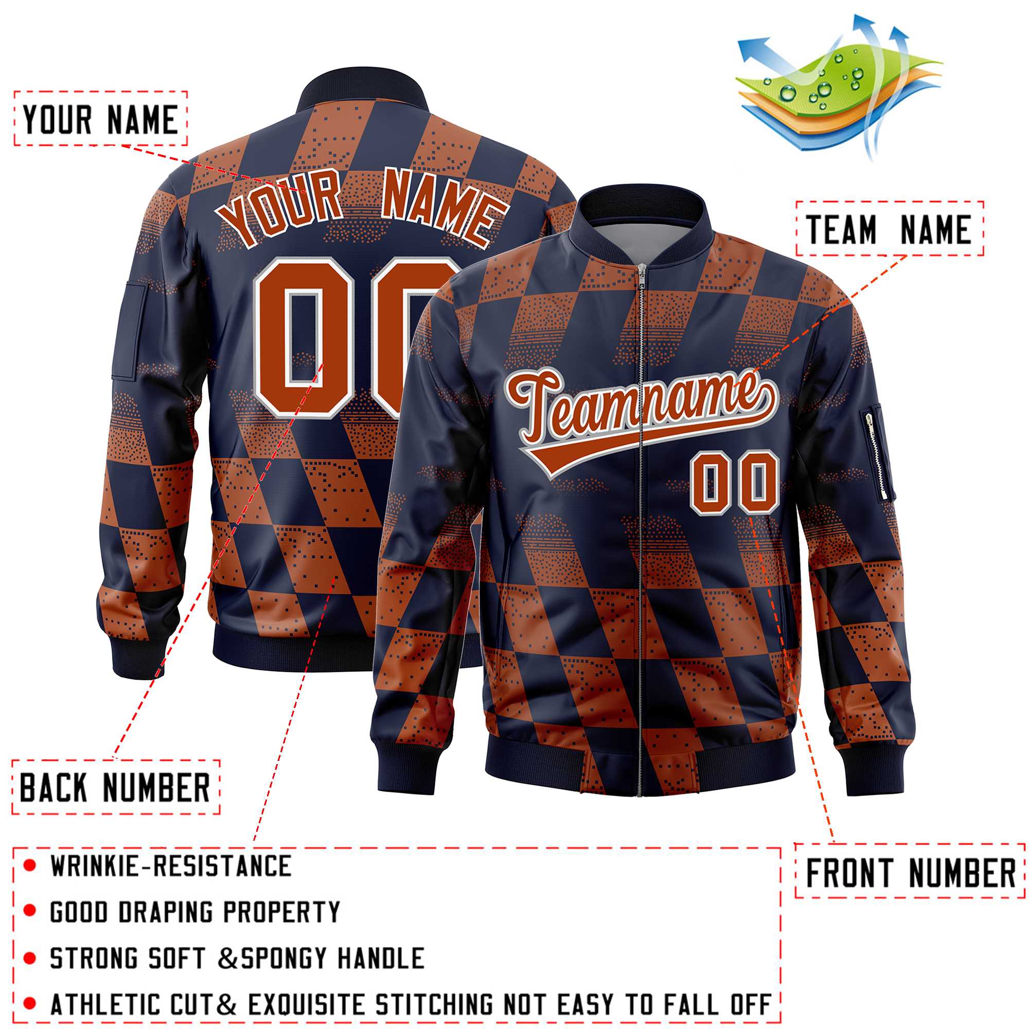 Custom Navy Orange Grid Varsity Full-Zip Color Block Letterman Bomber Jacket