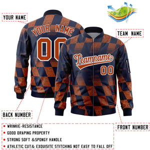 Custom Navy Orange Grid Varsity Full-Zip Color Block Letterman Bomber Jacket