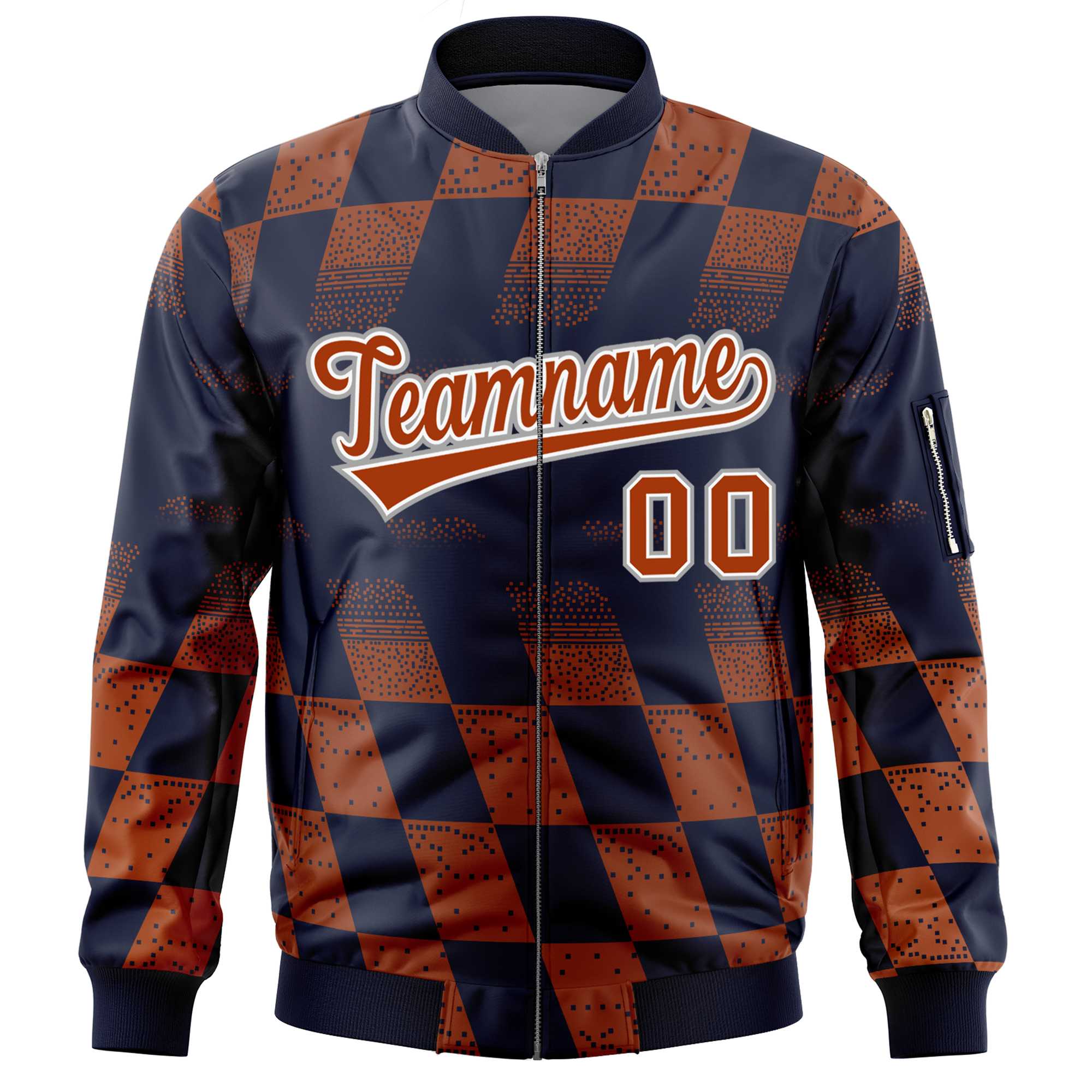 Custom Navy Orange Grid Varsity Full-Zip Color Block Letterman Bomber Jacket